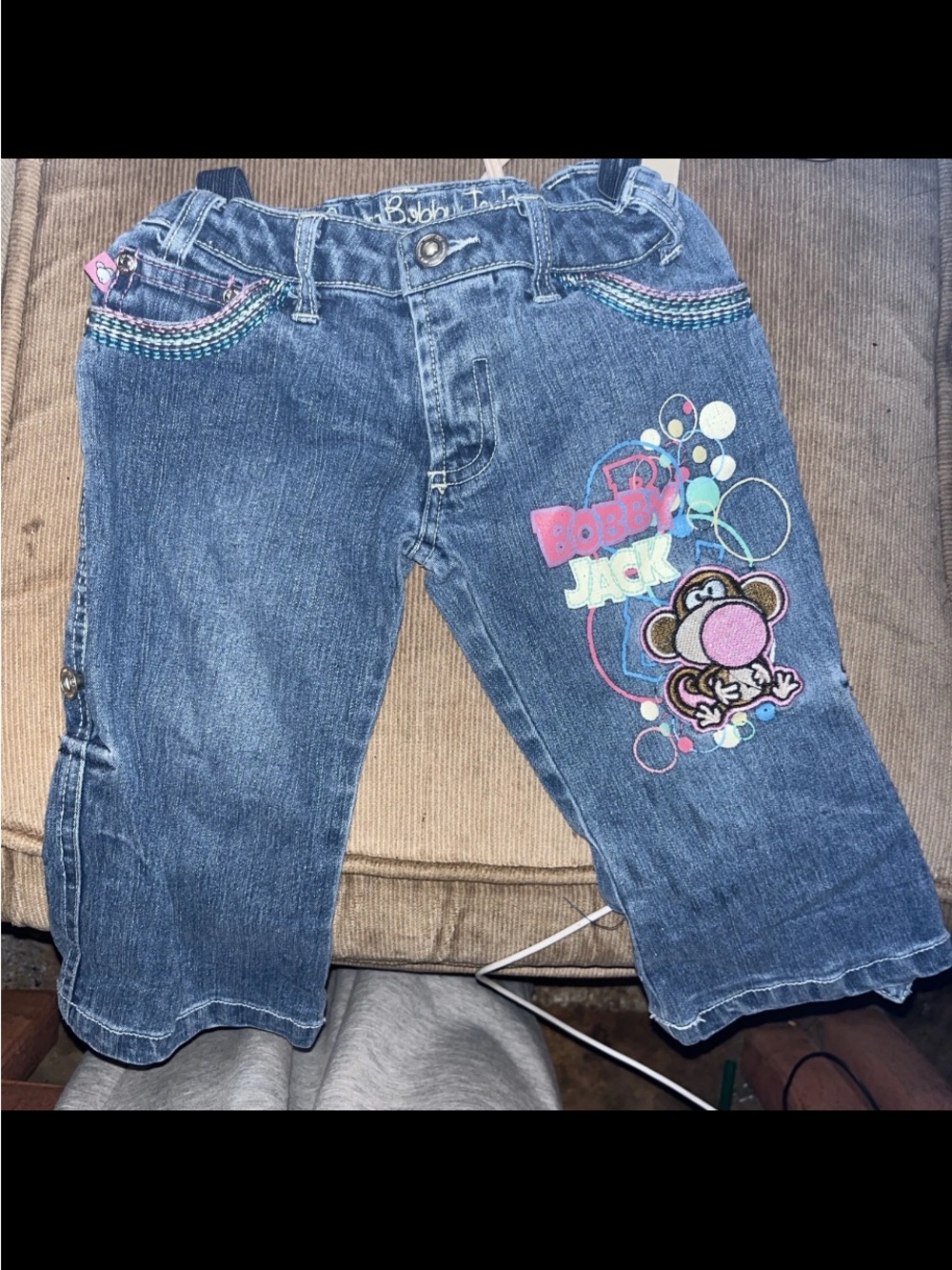Bobby Jack Girls' Blue Denim Jeans with Bubble Monkey Graphic Y2K 2000s